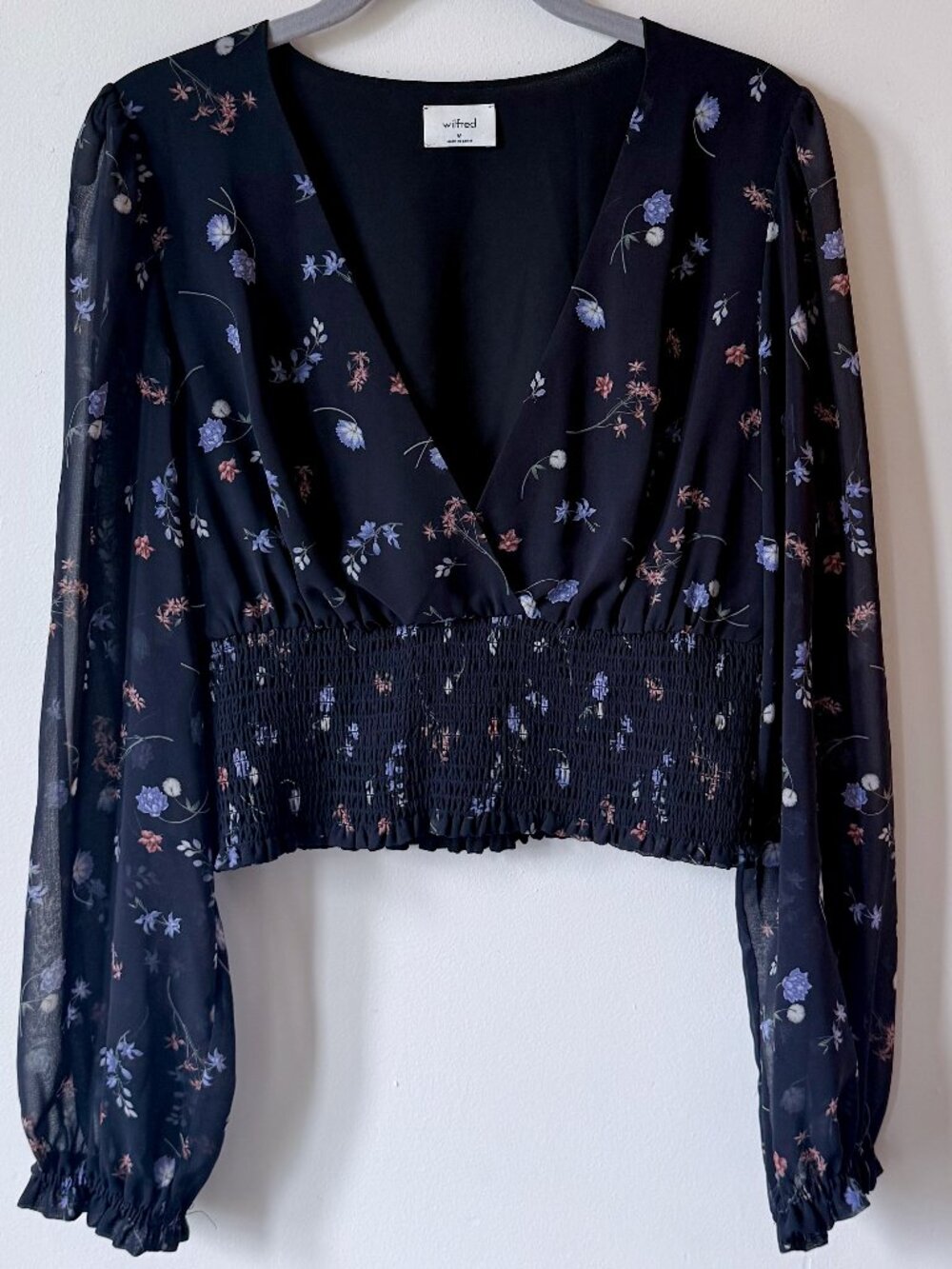 Aritzia Wilfred Wistful Genoa Blouse Black Floral Smocked Waist Sheer Sleeves